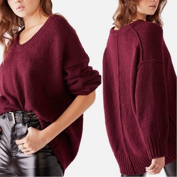 Free People Lofty-V Neck Maroon oversized Sweater - Picture 1 of 11